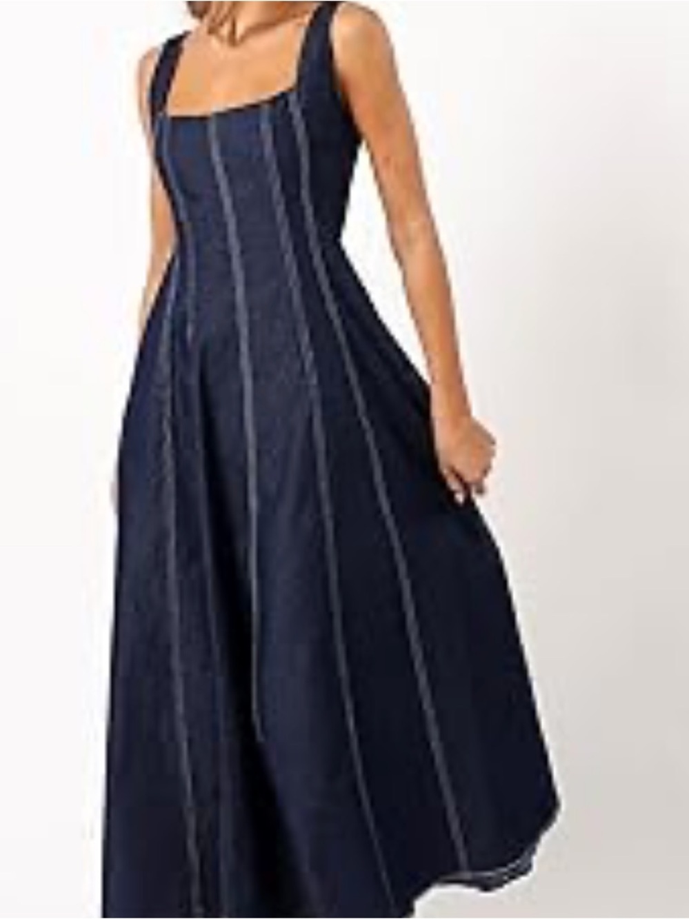 Midi Square-Neck Panel Dress in Navy
